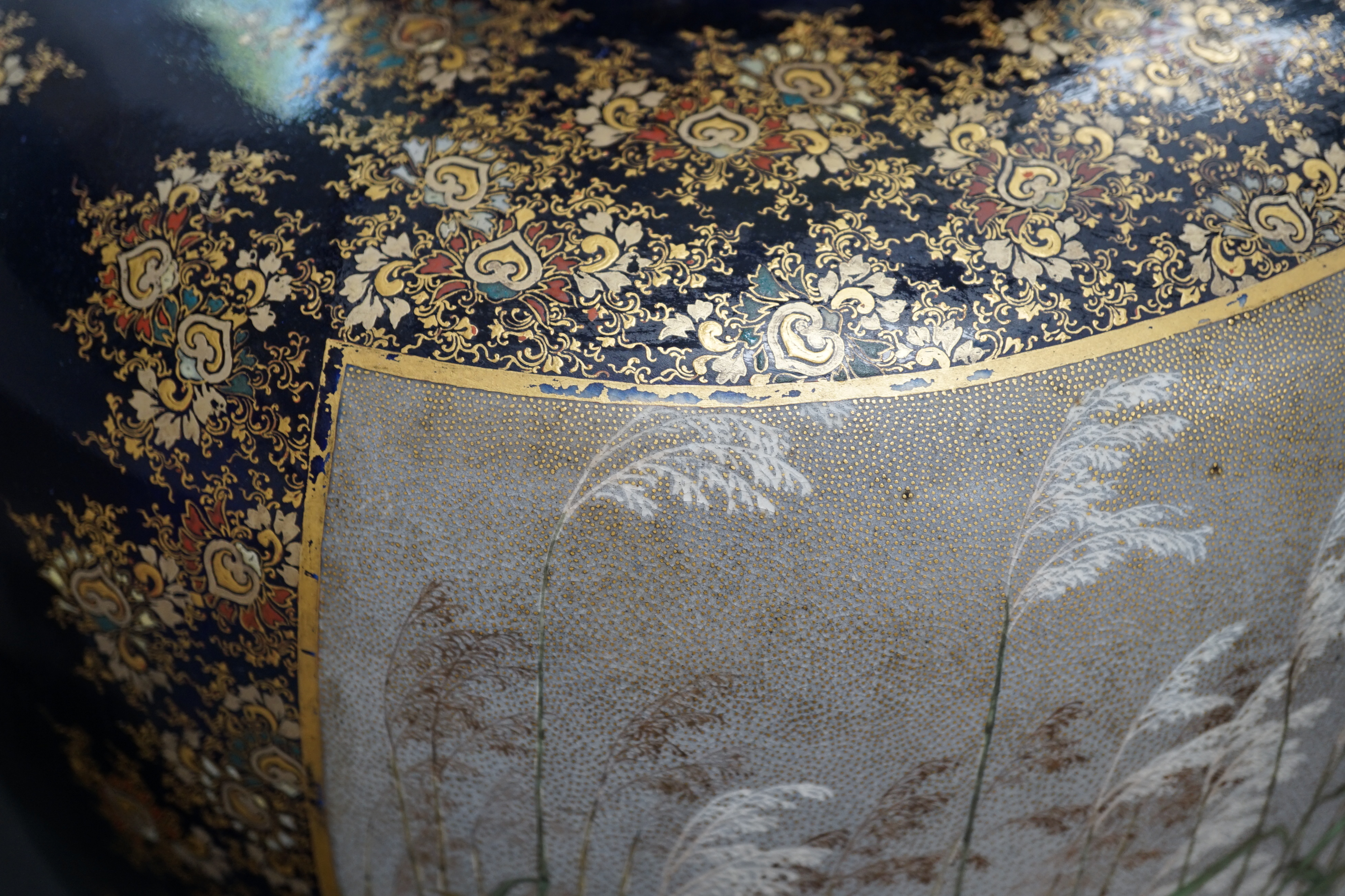 An exhibition size Japanese Satsuma pottery vase, by Kinkozan, Meiji period, star crack to one side
